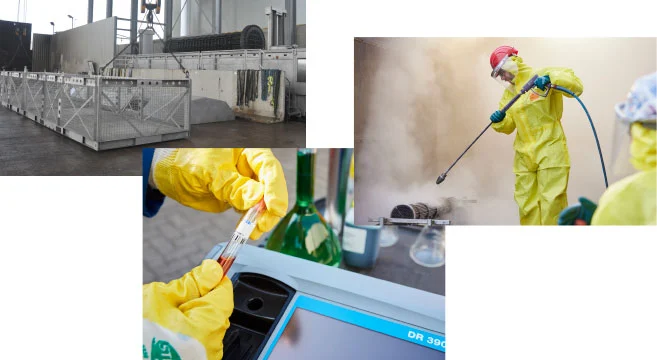 1. Ultraschallreinigung: Präzise und schonende Reinigung von Bauteilen mit Hochfrequenz-Schallwellen. 2. REYMKollegen in persönlicher Schutzausrüstung (PSA) führen Reinigungsarbeiten mit Wasserhochdruck durch. 3. Zwei Hände halten ein Reagenzrohr in einer Laborumgebung.