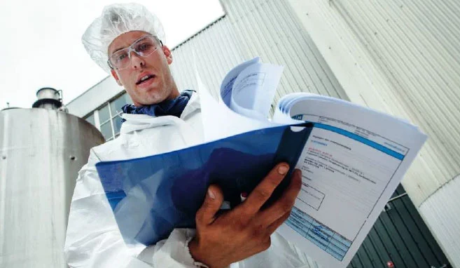 REYM-Kollege in weißem Kittel und Haarschutz schaut sich einen Prüfbericht an